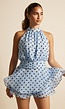 Lichtblauwe Polkadot Playsuit met Halterhals en Volantlaag