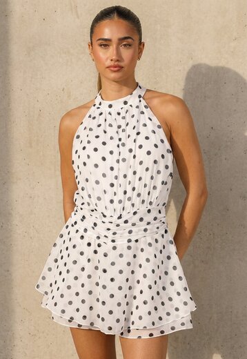Witte Polkadot Playsuit met Halterhals