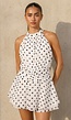Witte Polkadot Playsuit met Halterhals en Volantlaag