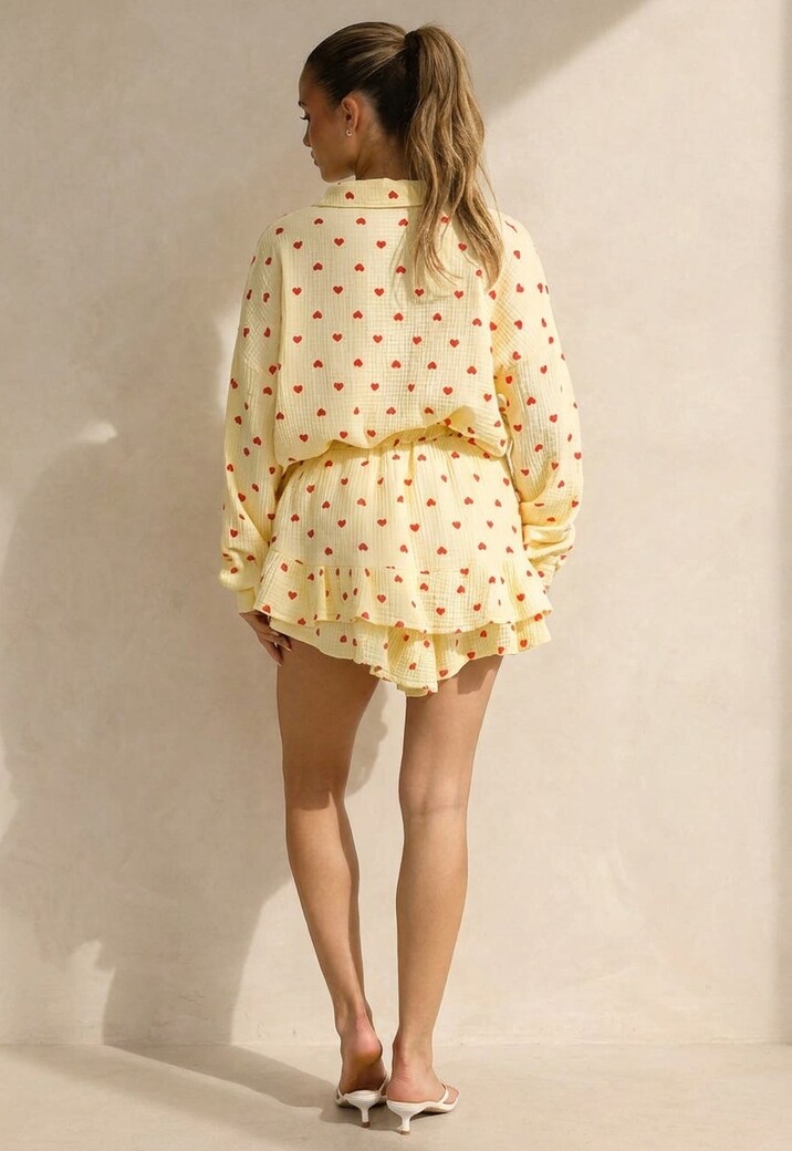 Gele Mousseline 2-Piece Set met Hartjesprint en Rokje