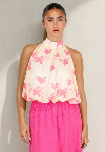 Gele Halter Top met Roze Bloemenprint