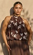 Bruine Halter Top met Witte Bloemenprint