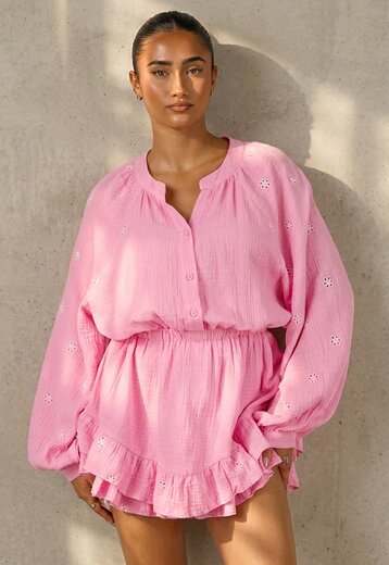 Roze Mousseline Playsuit met Broderie