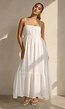 Witte Mousseline Maxi Jurk met Spaghettibandjes en Smokdetail