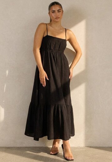 Zwarte Mousseline Maxi Jurk
