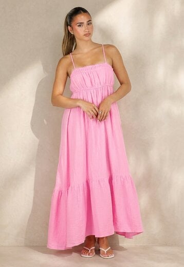 Roze Mousseline Maxi Jurk met Spaghettibandjes
