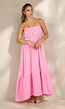 Roze Mousseline Maxi Jurk met Spaghettibandjes en Smokdetail