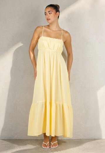 Gele Mousseline Maxi Jurk met Spaghettibandjes