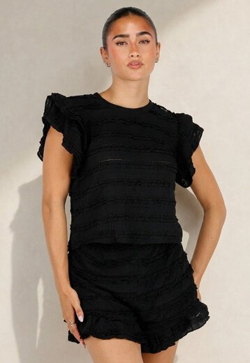 Zwarte Gehaakte Ruffle Co-ord Set