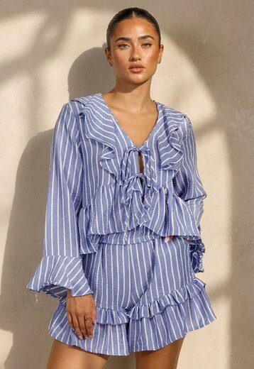 Lila Gestreepte Two Piece Set met Ruches