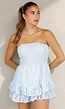 Lichtblauwe Gestreepte Strapless Playsuit met Gesmokte Taille en Ruches