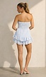 Lichtblauwe Gestreepte Strapless Playsuit met Gesmokte Taille en Ruches