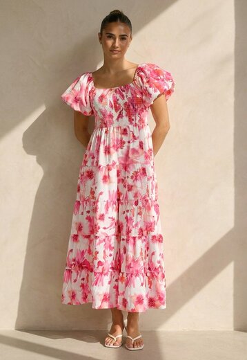 Roze Bloemen Maxi Jurk met Pofmouwen
