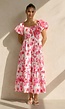 Roze Bloemen Maxi Jurk met Pofmouwen en Gesmokte Taille
