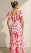 Roze Bloemen Maxi Jurk met Pofmouwen en Gesmokte Taille