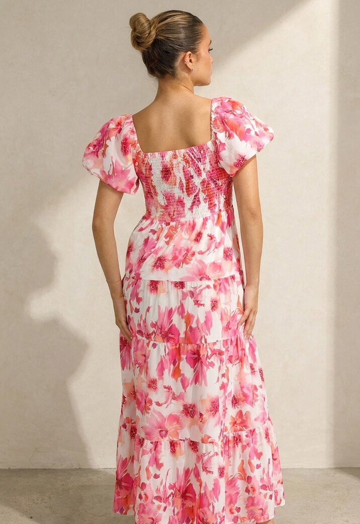 Roze Bloemen Maxi Jurk met Pofmouwen en Gesmokte Taille