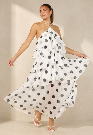 Witte Maxi Halter Jurk met Stippen