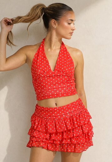 Rode Polkadot Halter Top en Skort Set