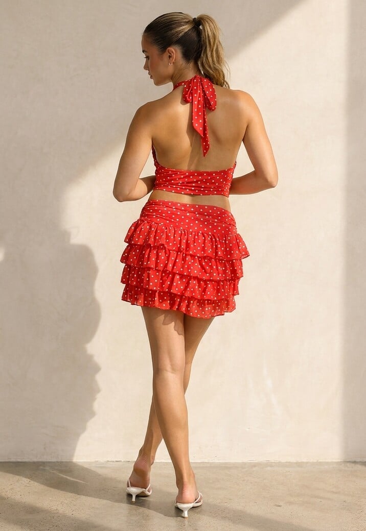 Rode Polkadot Halter Top met Ruffle Skort Set