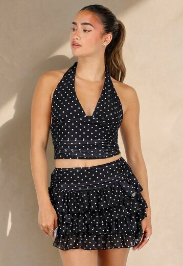 Zwarte Polkadot Halter Top en Skort Set