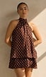 Bruine Halter Jurk met Witte Stippen en Open Rug