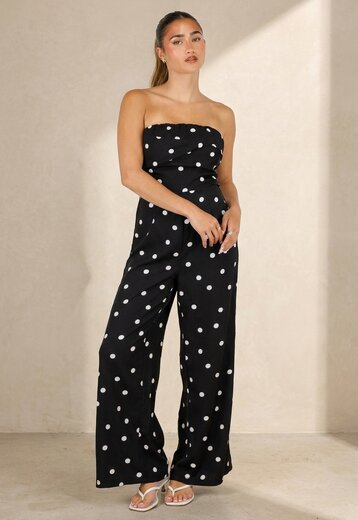Zwarte Strapless Jumpsuit met Stippen