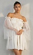 Beige Off Shoulder Jurk met Tule Mouwen en Volantkraag