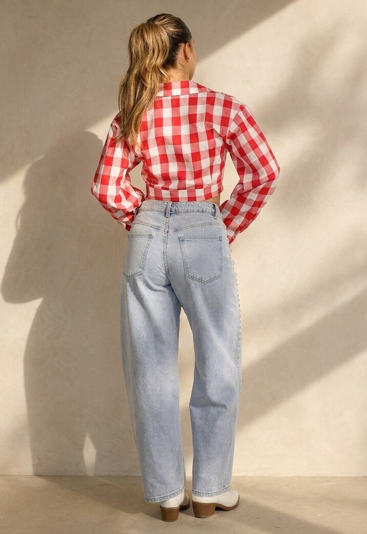 Rood Wit Geruite Cropped Blouse met Striksluiting
