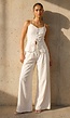 Beige Spaghettiband Top met Wide Leg Broek Set