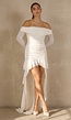 Beige Off Shoulder Mesh Jurk met Asymmetrische Zoom
