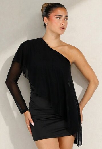 Zwarte One Shoulder Mini Jurk met Mesh