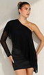 Zwarte One Shoulder Mini Jurk met Mesh Mouw en Drapering