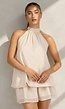 Beige Halter Mini Jurk met Open Rug en Striksluiting