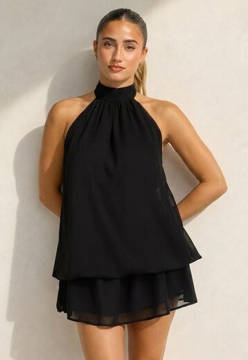 Zwarte Halter Mini Jurk met Open Rug