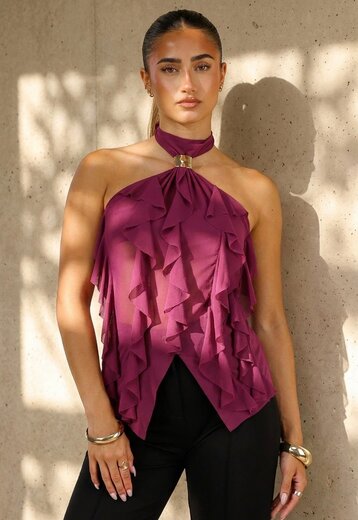 Paarse Mesh Haltertop met Ruffles