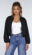 Zwarte Cropped Bomberjack met Ritssluiting en Ballonmouwen