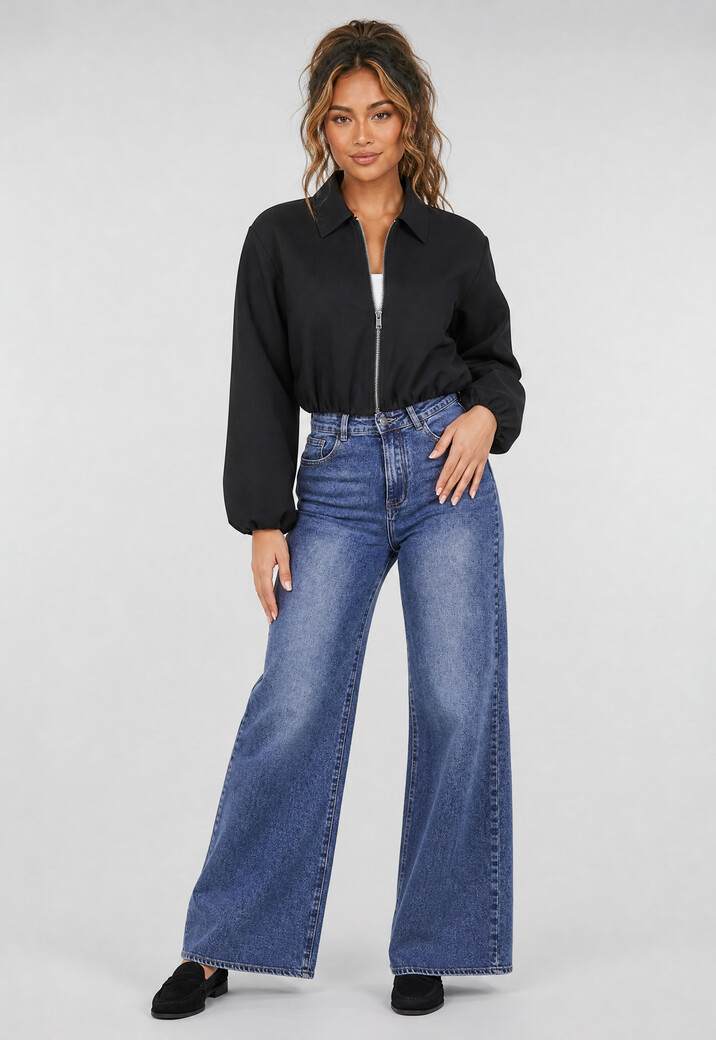 Zwarte Cropped Bomberjack met Ritssluiting en Ballonmouwen