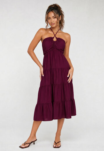 Paarse Halter Midi Jurk met Volants