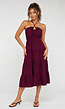 Paarse Halter Midi Jurk met Volants en Elastische Band