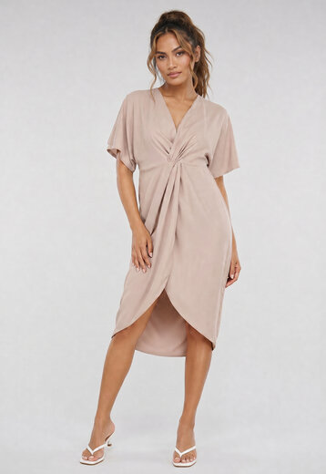 Beige Overslag Midi Jurk