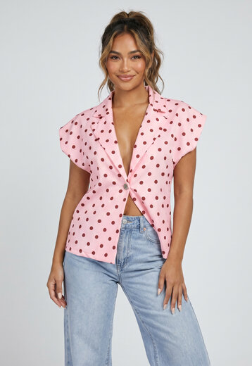 Roze Blazer Top met Rode Stippenprint