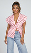 Roze Blazer Top met Stippenprint en Schoudervulling