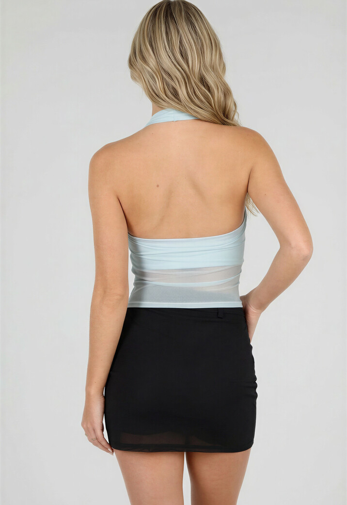 Lichtblauwe Padded Halter Top met Mesh Detail Ruches en Stretch