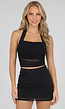 Zwarte Padded Halter Top met Mesh Detail Ruches en Stretch