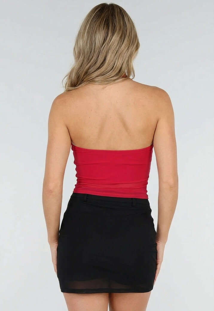 Rode Padded Halter Top met Mesh Detail Ruches en Stretch