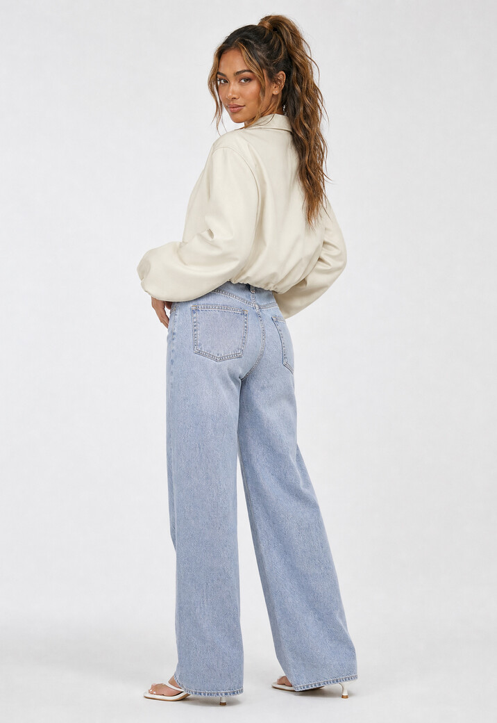 Crème Cropped Bomberjack met Ritssluiting en Ballonmouwen
