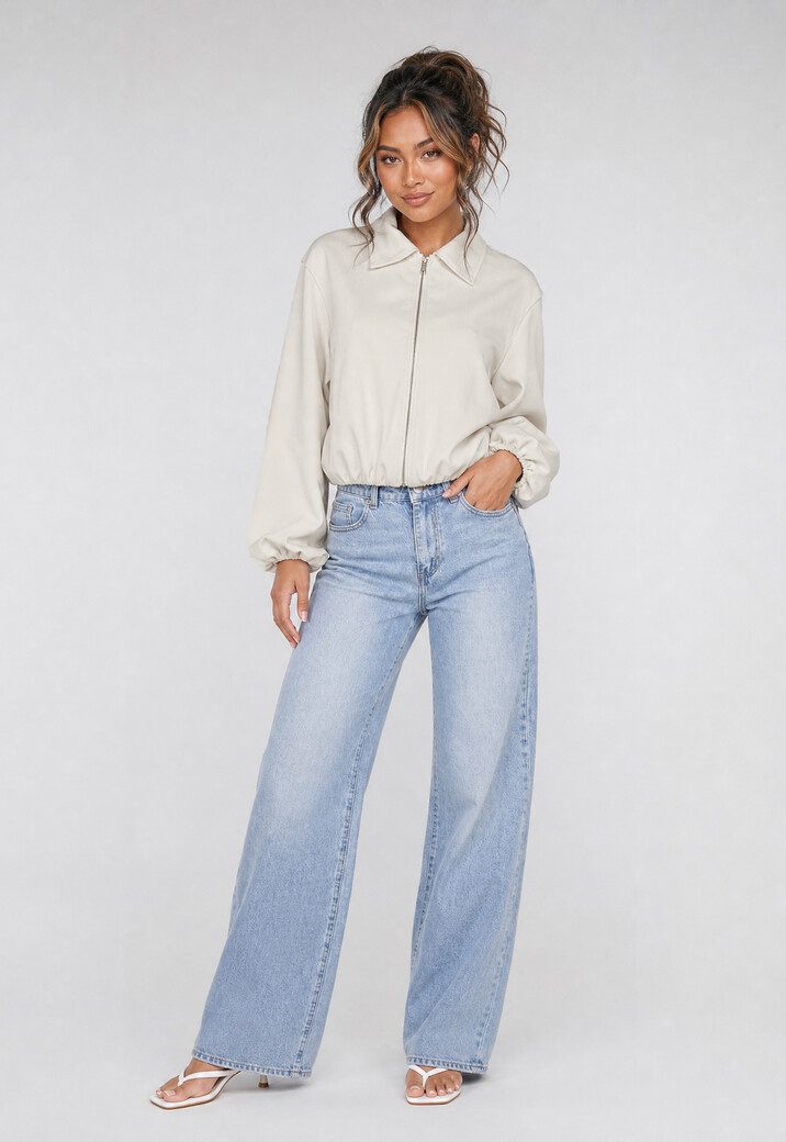 Crème Cropped Bomberjack met Ritssluiting en Ballonmouwen