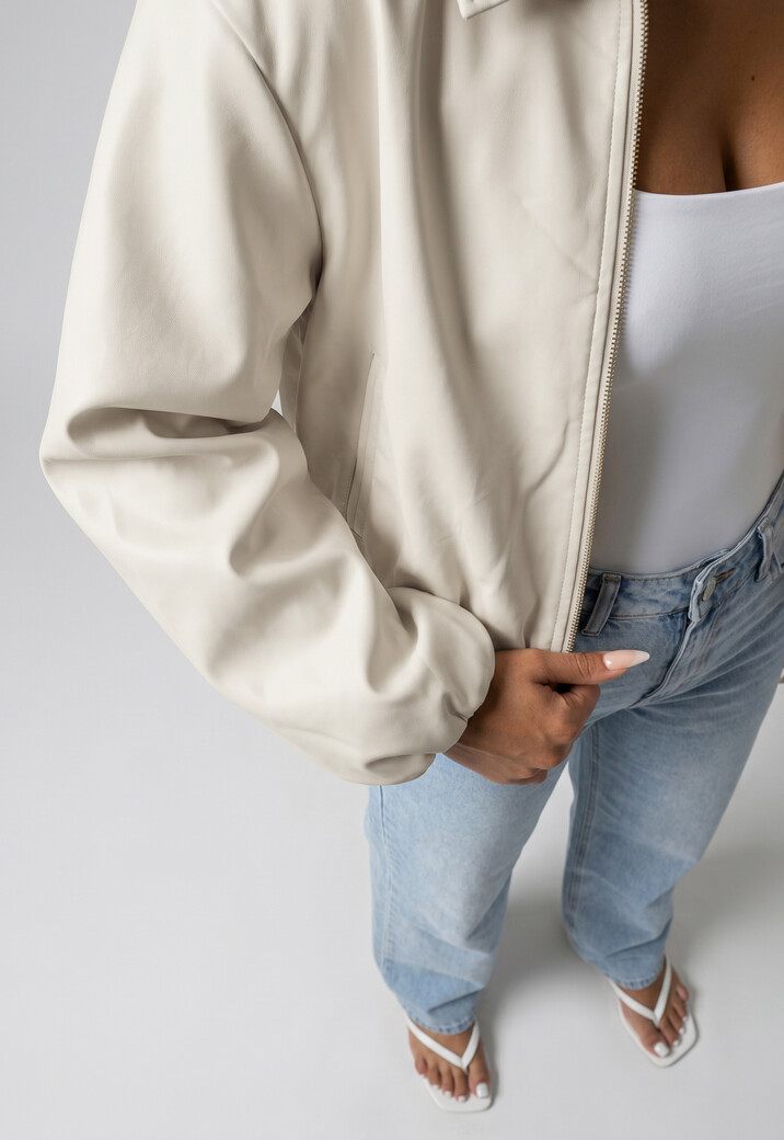 Crème Cropped Bomberjack met Ritssluiting en Ballonmouwen