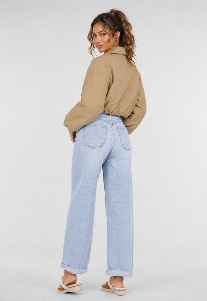 Beige Cropped Bomberjack met Ritssluiting en Ballonmouwen