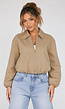 Beige Cropped Bomberjack met Ritssluiting en Ballonmouwen